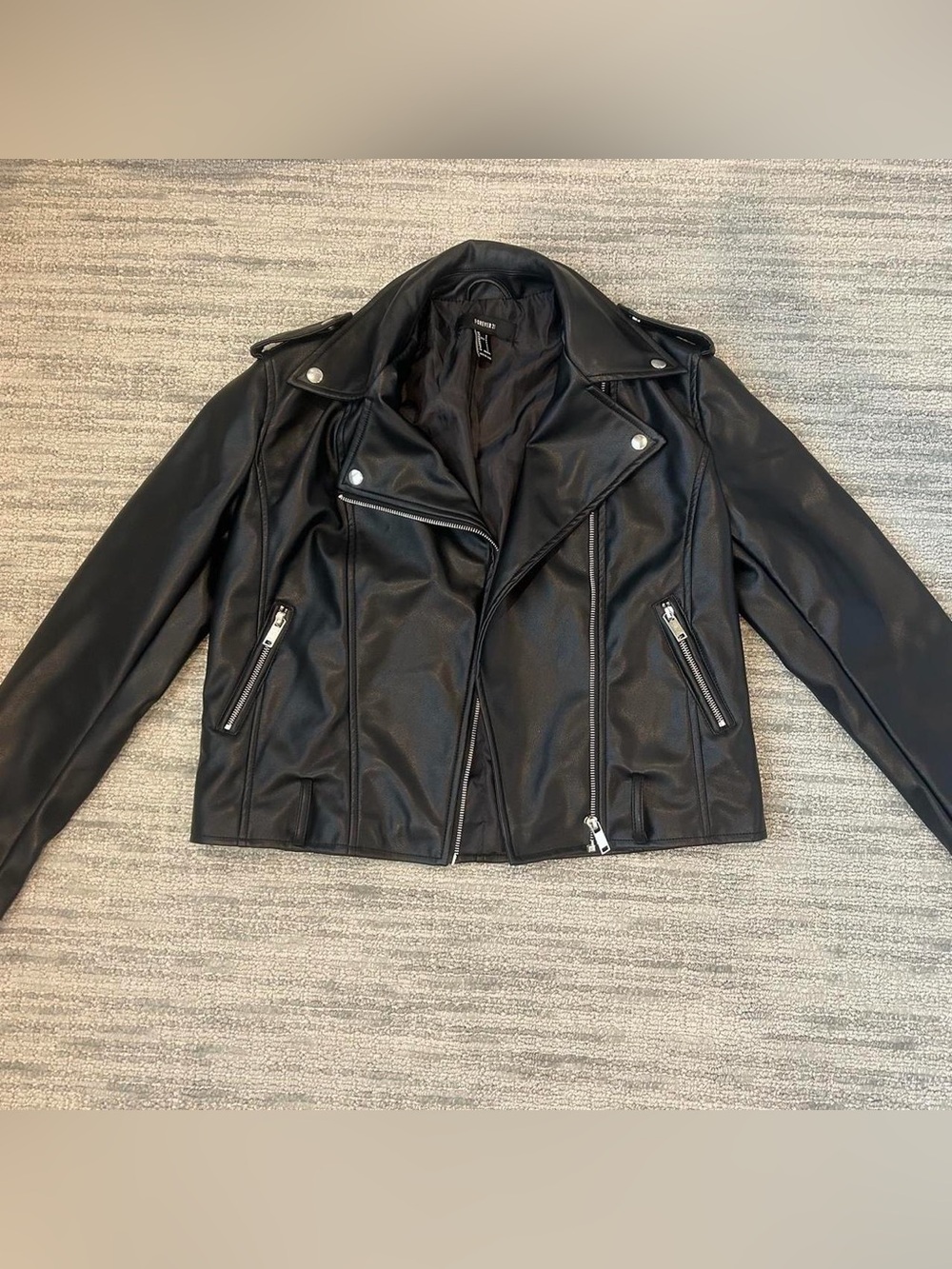 Forever 21 Black Faux Collared Leather Jacket with Zipper Pockets